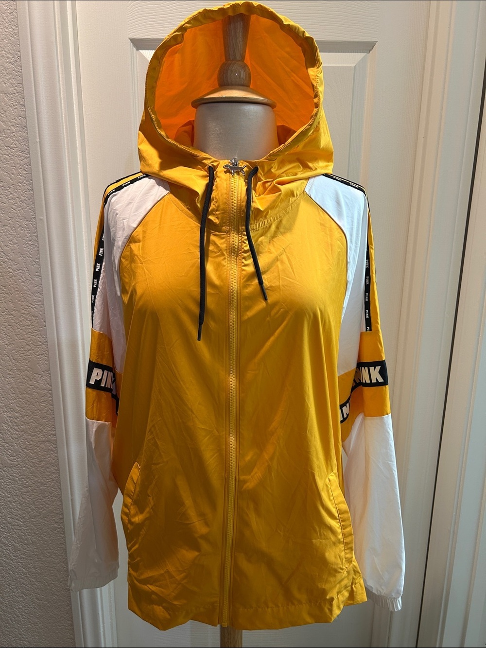 PINK Victoria's Secret Yellow and White Hooded Utility Jacket Size M/L